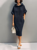 Chic Casual Navy Blue Hooded Short-Sleeve Loose-Fit Knit Midi Dress