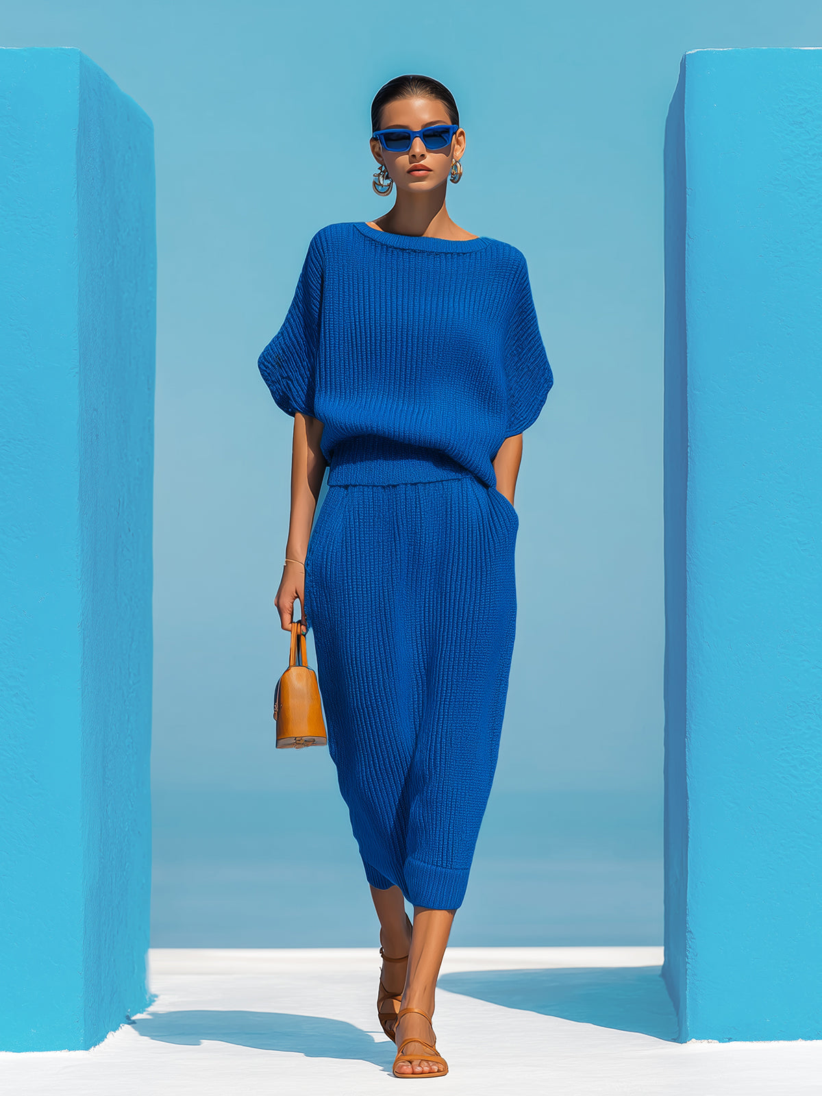 Chic Elegant Royal Blue Boat Neck Short-Sleeve Loose-Fit Sweater And Bodycon Midi Skirt Ribbed Knit Two-Piece Set