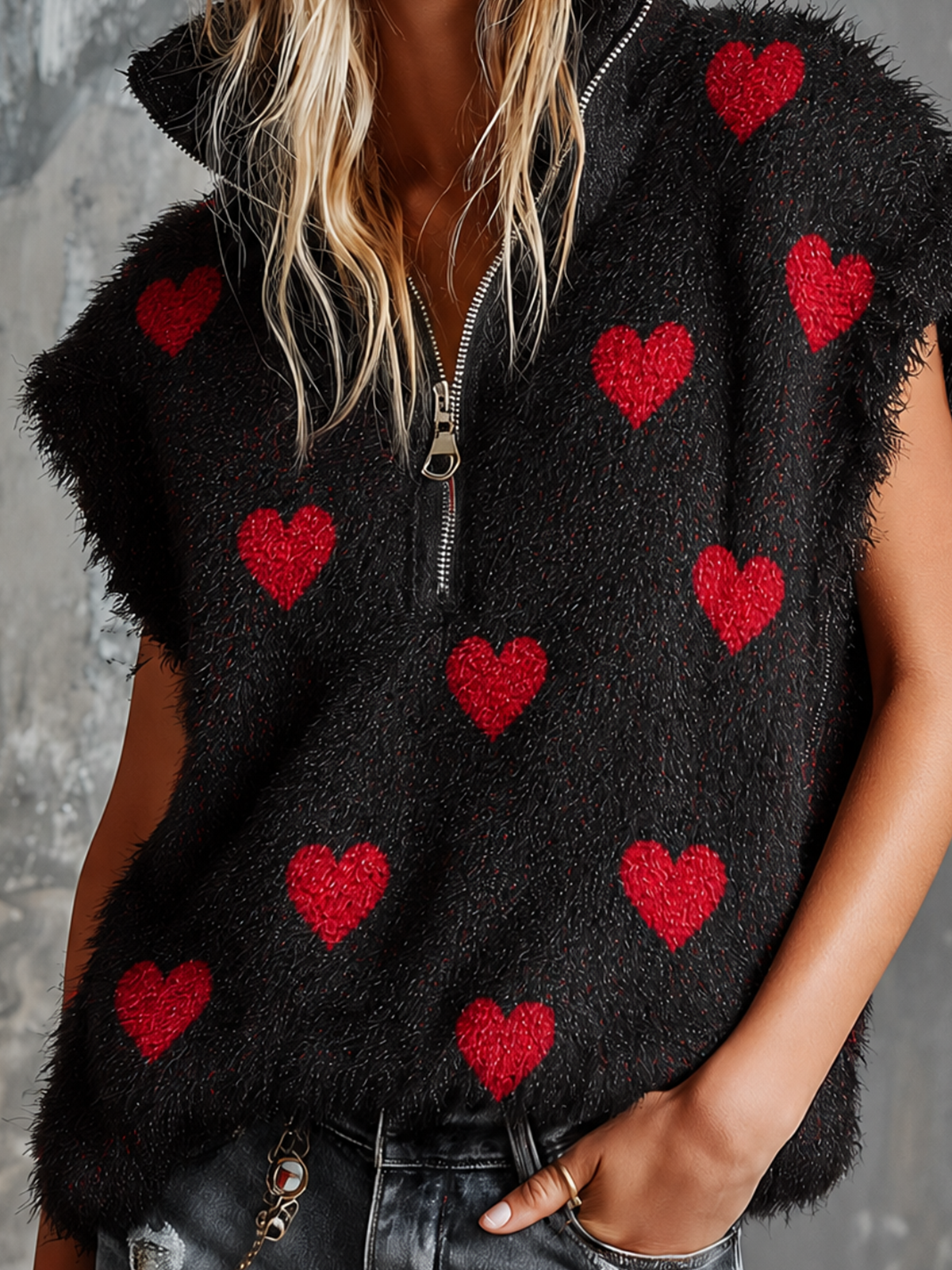 Chic Casual Black Stand Collar Half‑Zip Red Heart Jacquard Sleeveless Loose-Fit Fuzzy Knit Vest Top