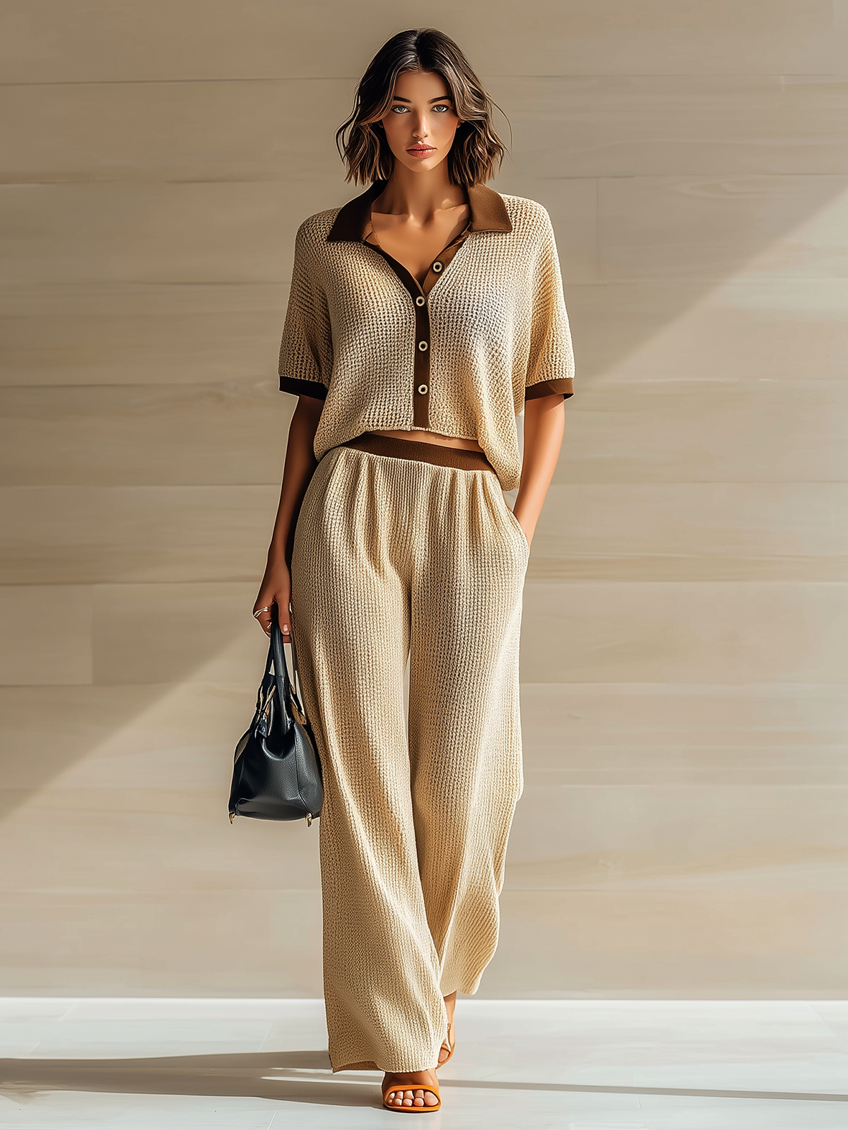 Chic Casual Beige Colorblock Lapel Collar Button-Front Short-Sleeve Loose Sweater Wide-Leg Pants Knit Two-Piece Set