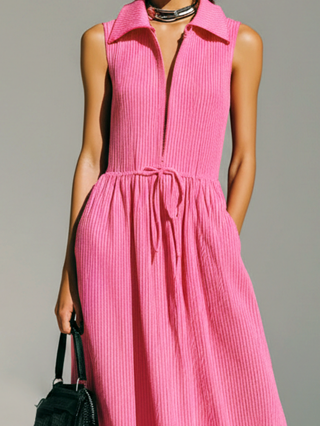 Stylish Elegant Pink Lapel Collar Zipper-Up Sleeveless Loose Belted Waist  Ribbed Knit Maxi Dress