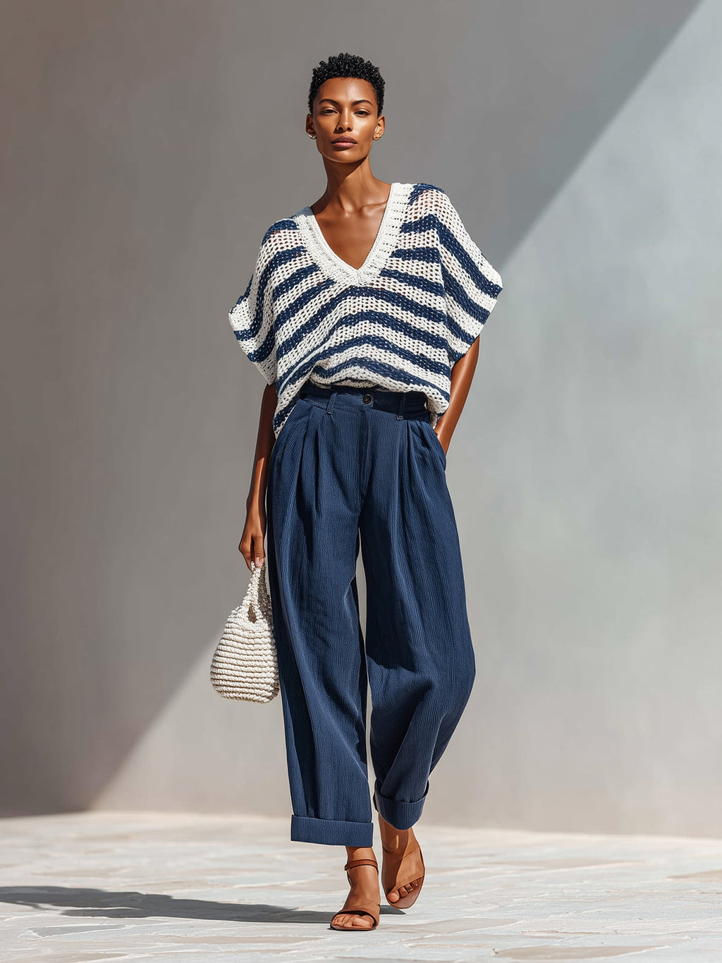 Chic Elegant Navy-White Stripes V-Neck Short-Sleeve Loose-Fit  Knit Top Navy Cotton Blend Pants Two-Piece Set