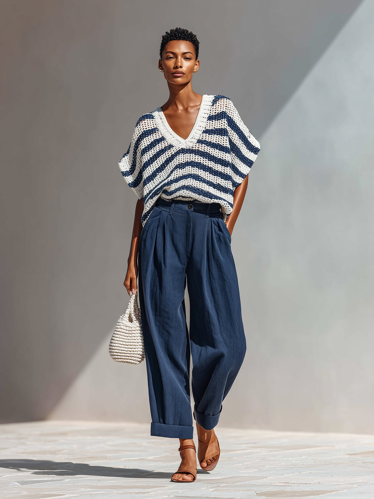 Chic Elegant Navy-White Stripes V-Neck Short-Sleeve Loose-Fit  Knit Top Navy Cotton Blend Pants Two-Piece Set