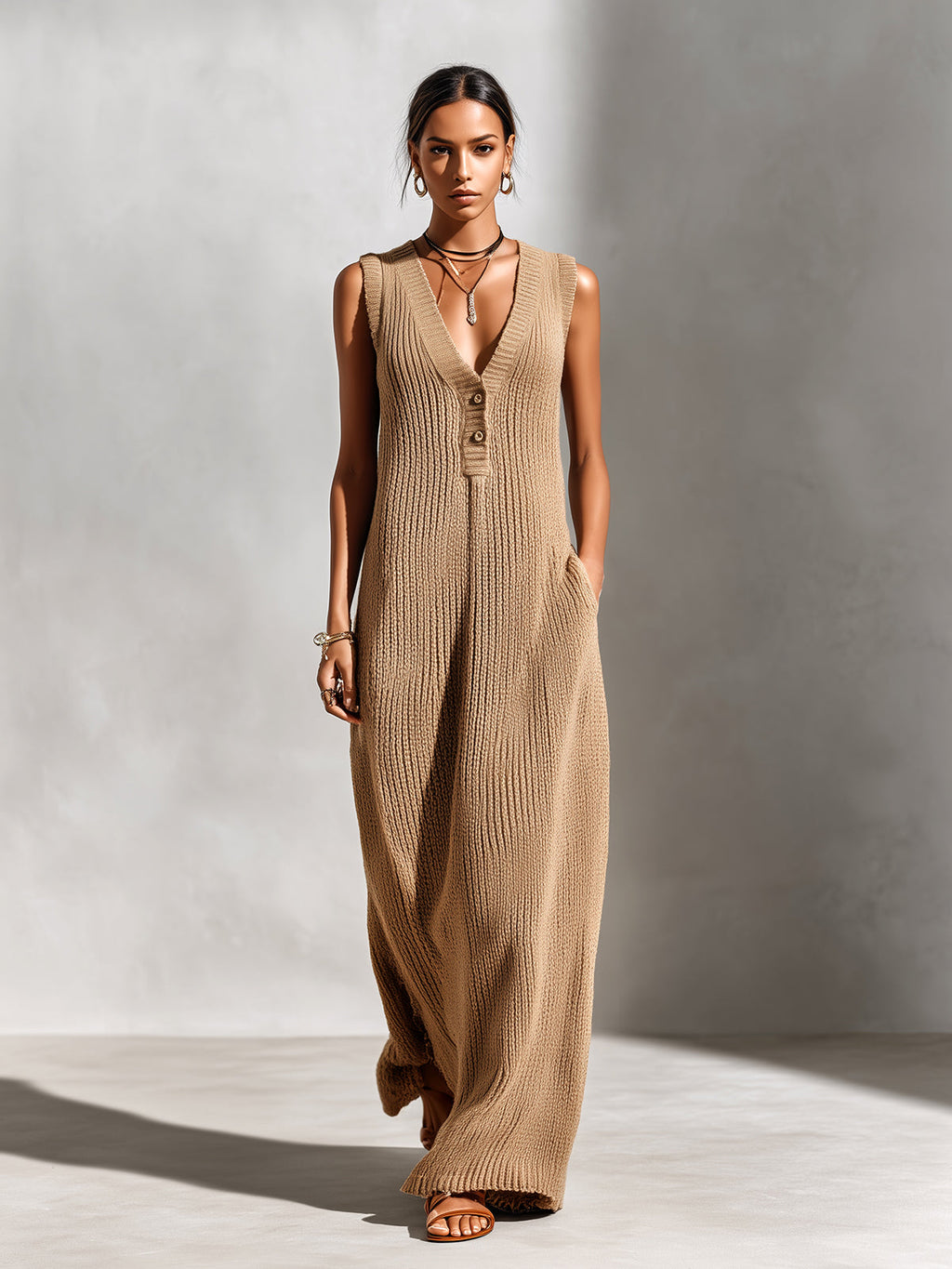 Chic Elegant Camel V-Neck Button-Front Sleeveless Loose-Fit Ribbed Knit Maxi Dress