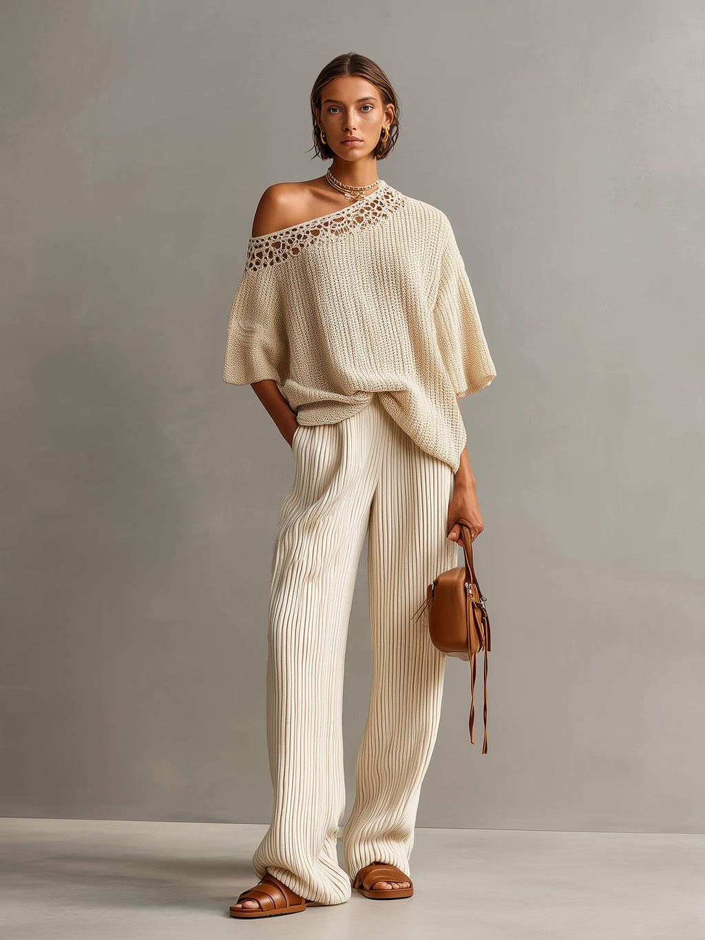 Chic Elegant Beige One Shoulder Short-Sleeve Lace Details Loose-Fit Sweater Wide-Leg Pants Ribbed Knit Two-Piece Set