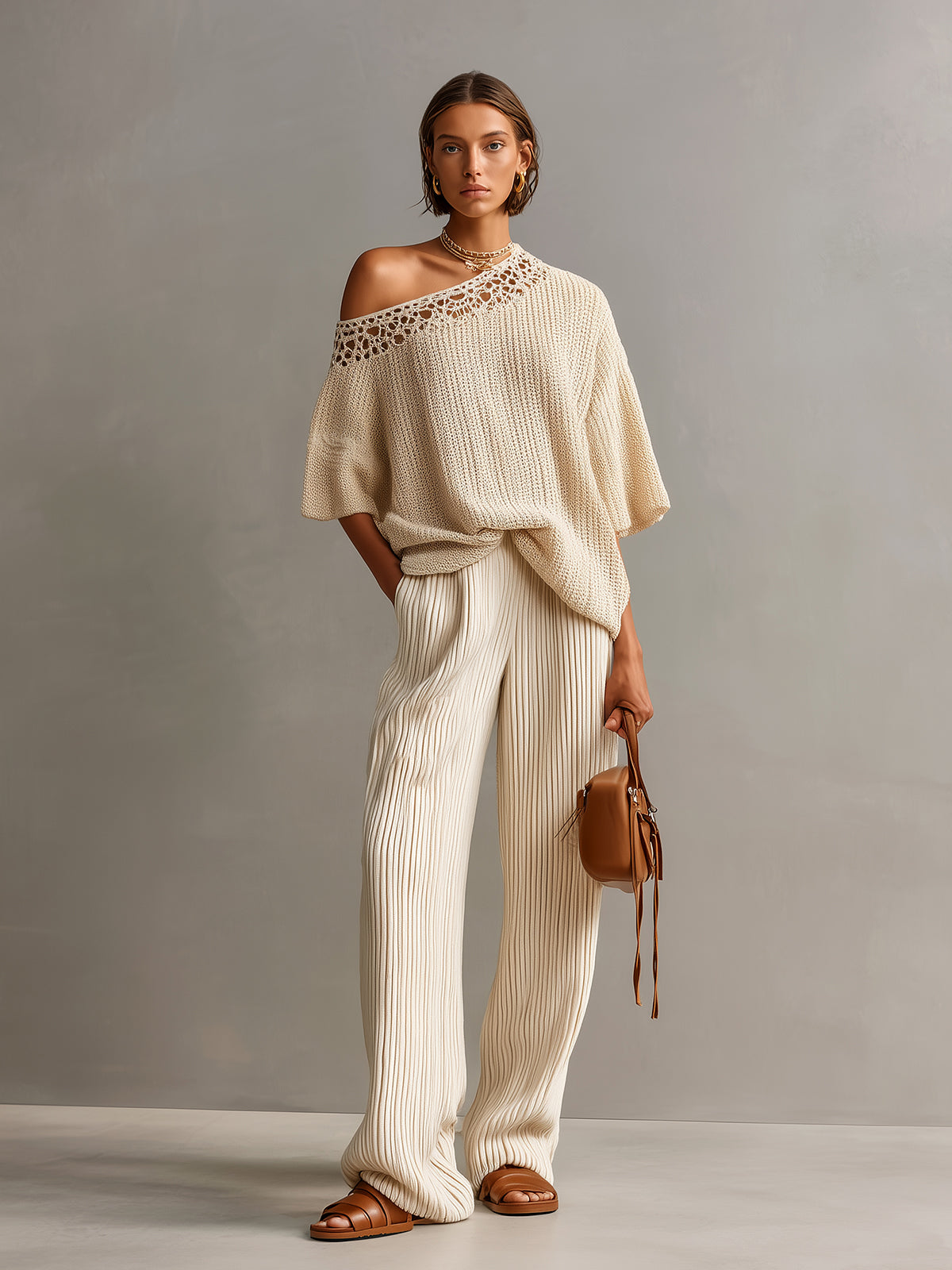 Chic Elegant Beige One Shoulder Short-Sleeve Lace Details Loose-Fit Sweater Wide-Leg Pants Ribbed Knit Two-Piece Set
