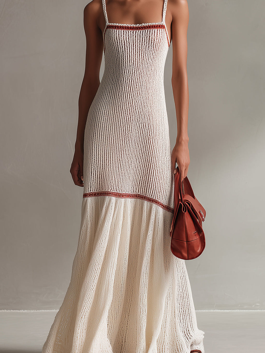 Chic Elegant Cream White Spaghetti Straps Square Neck Sleeveless Slim-Fit Patchwork Hem Ribbed Knit Holiday Maxi Dress