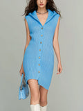 Chic Vintage Blue Hooded Single-Breasted Sleeveless Slim-Fit Ribbed Knit Mini Dress