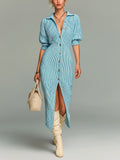 Chic Elegant Blue Pinstripes Lapel Collar Short-Sleeve Single-Breasted Slim-Fit Knit Midi Dress