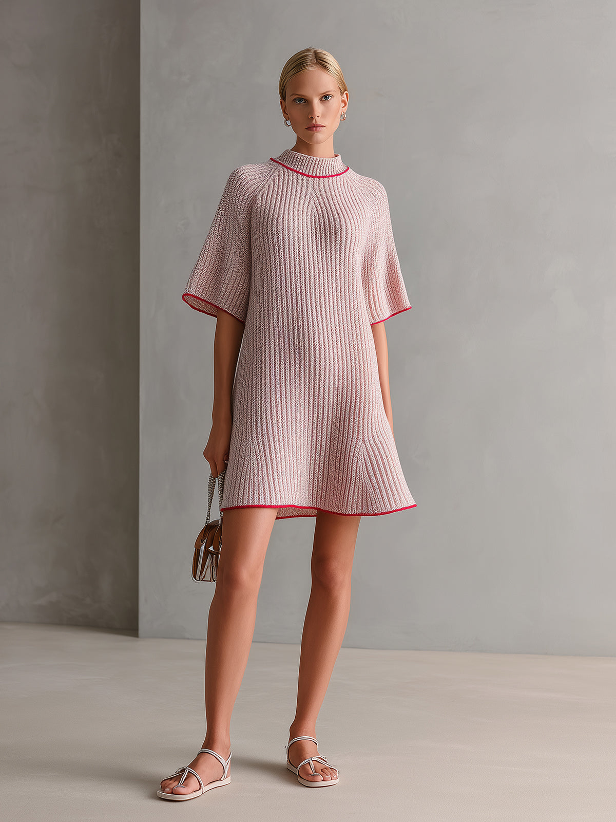 Chic Elegant Pink Mock Neck Contrast Trim Detail Short-Sleeve Loose-Fit A-Line Ribbed Knit Mini Dress