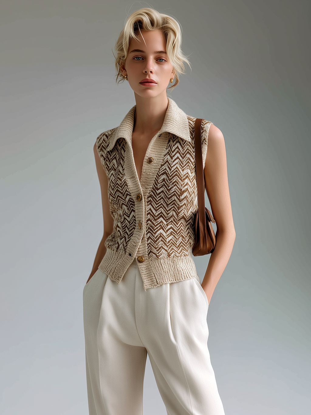 Fashion Casual Beige Lapel Herringbone Jacquard Button-Up Loose Sleeveless Cardigan Knit Vest