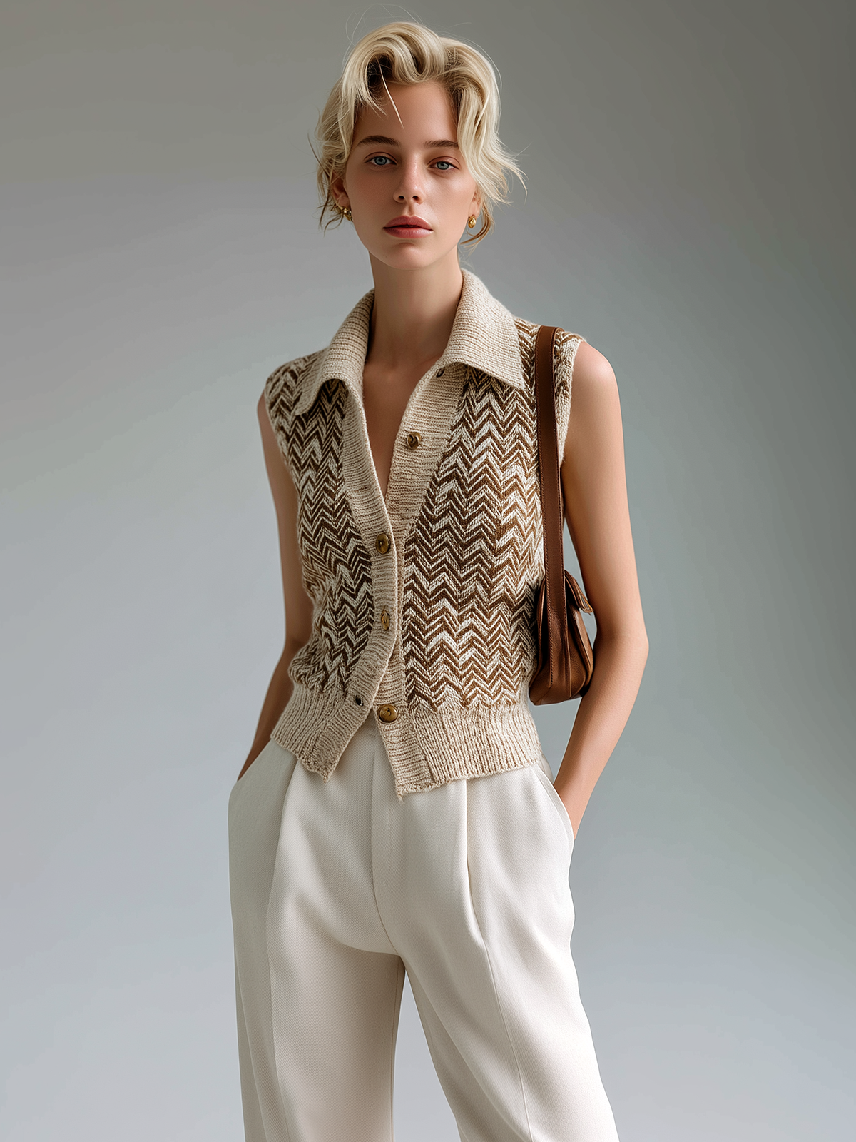 Fashion Casual Beige Lapel Herringbone Jacquard Button-Up Loose Sleeveless Cardigan Knit Vest