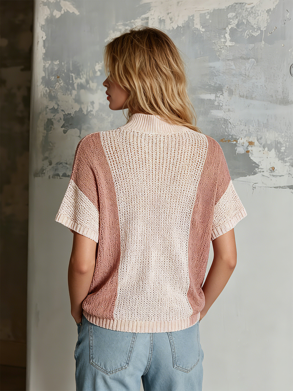 Chic Casual Pink Colorblock Stand-Collar V-Neck  Short-Sleeve Loose-Fit Knit Sweater Top