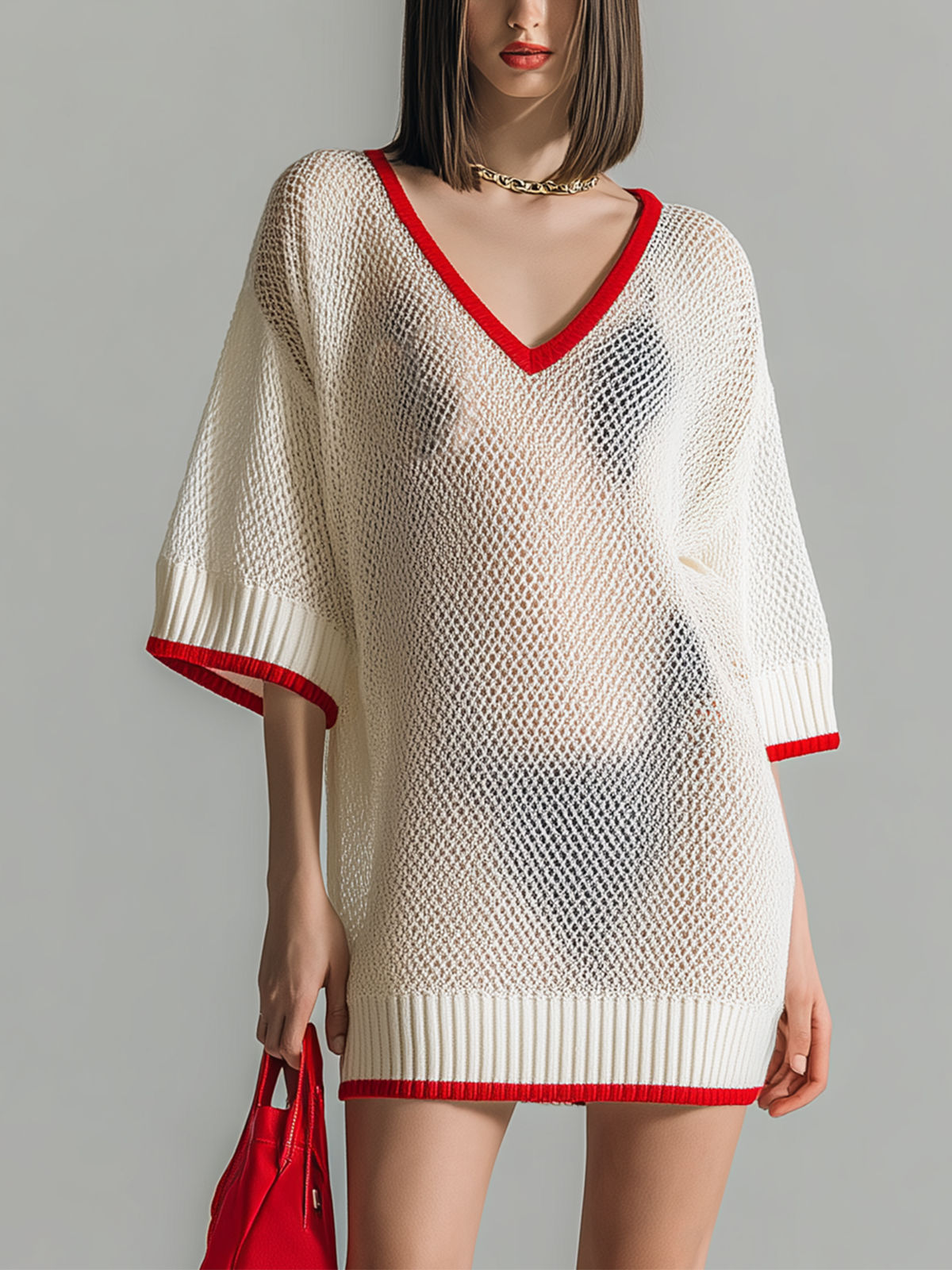 Chic Elegant Off-White Colorblock V-Neck Half -Sleeves Loose-Fit Mesh Knit Mini Dress
