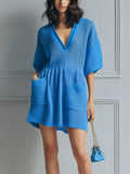 Chic Elegant Royal Blue V-Neck Short-Sleeve Oversized Patch Pockets Ribbed Knit Mini Dress
