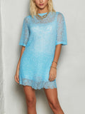 Chic Elegant Blue Lace Round Neck Short-Sleeve Loose-Fit A-Line Mini Dress