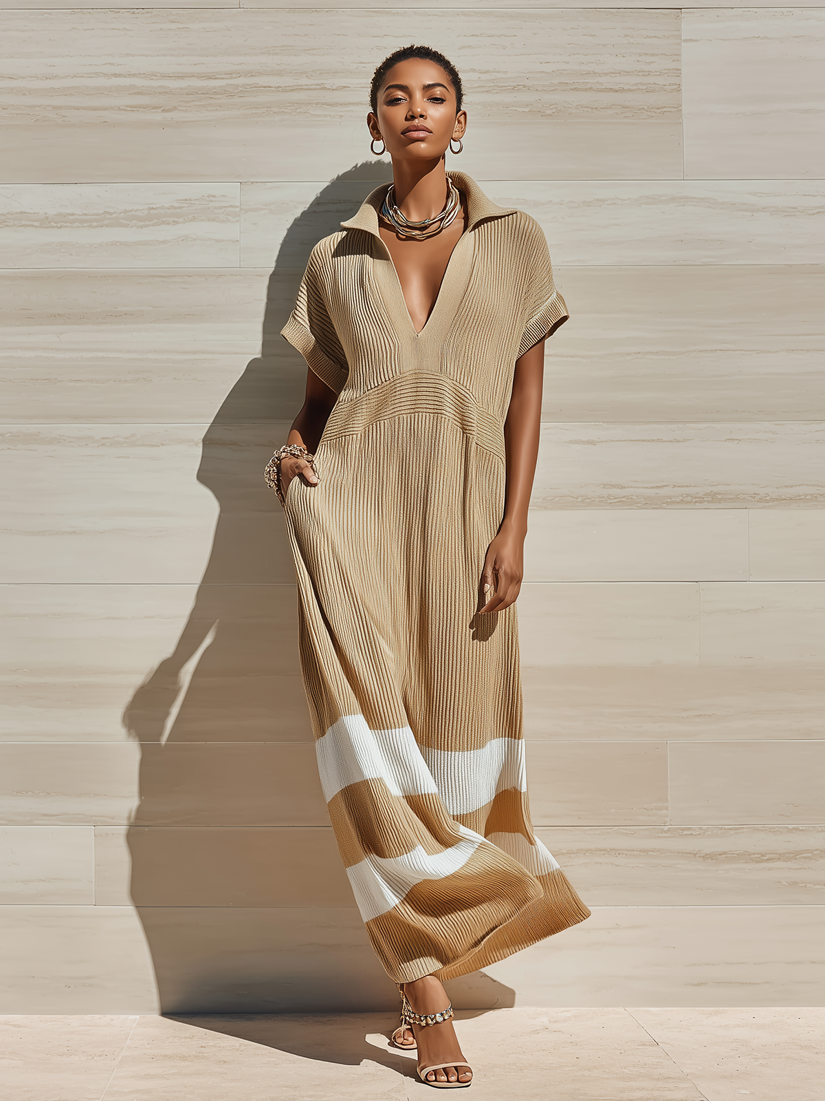 Chic Casual Camel Colorblock Lapel Collar V-neck Short-sleeved Loose Ribbed Knit Maxi Dress