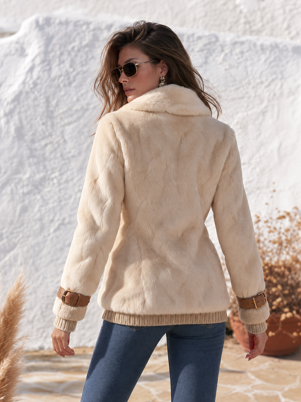 Elegant Casual Solid Color Stand Collar Faux Fur Coat