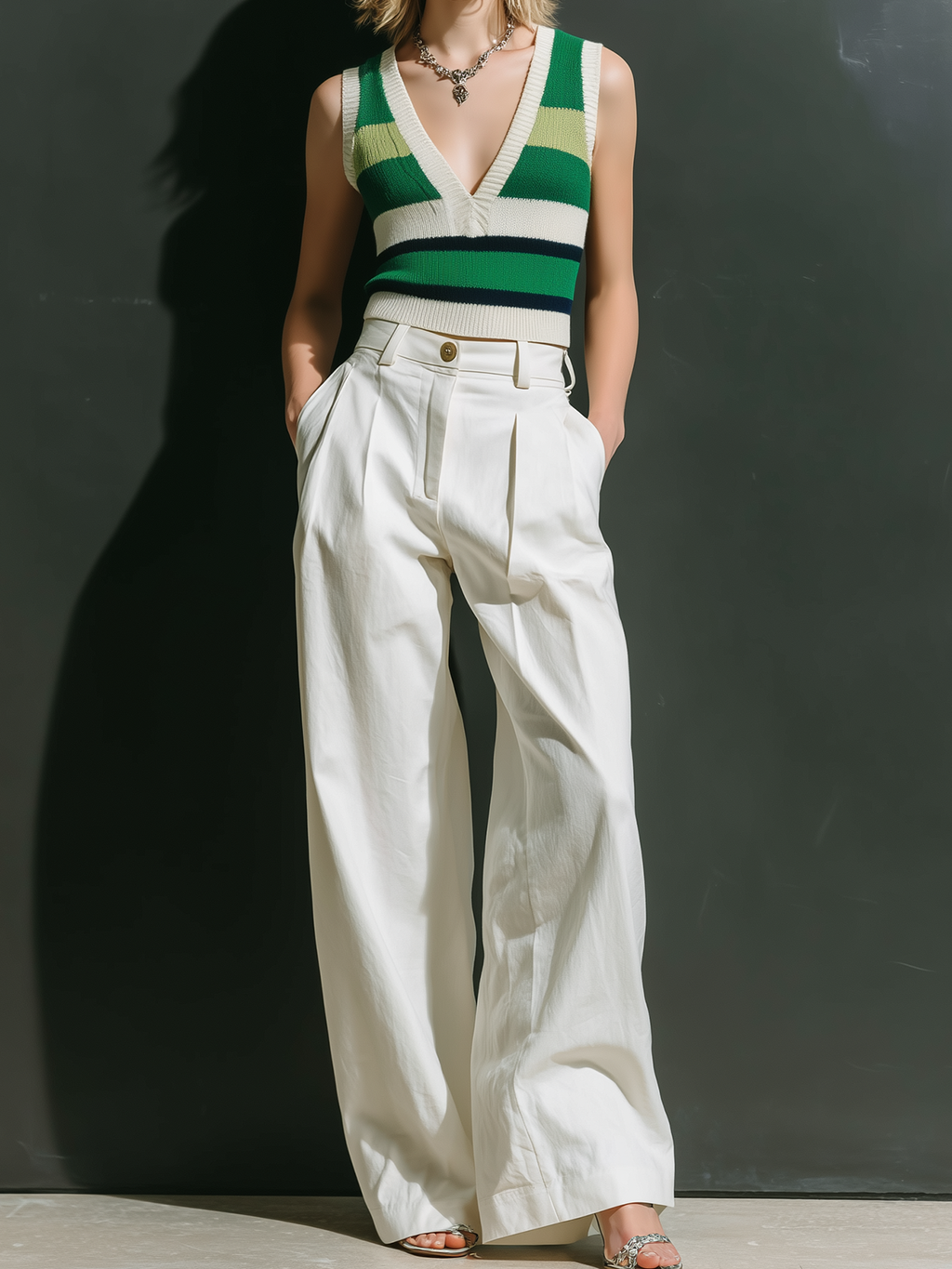 Chic Casual Green-White V-Neck Sleeveless Slim-Fit Vest White Cotton-Linen Blend Wide-Leg Pants Two-Piece Set