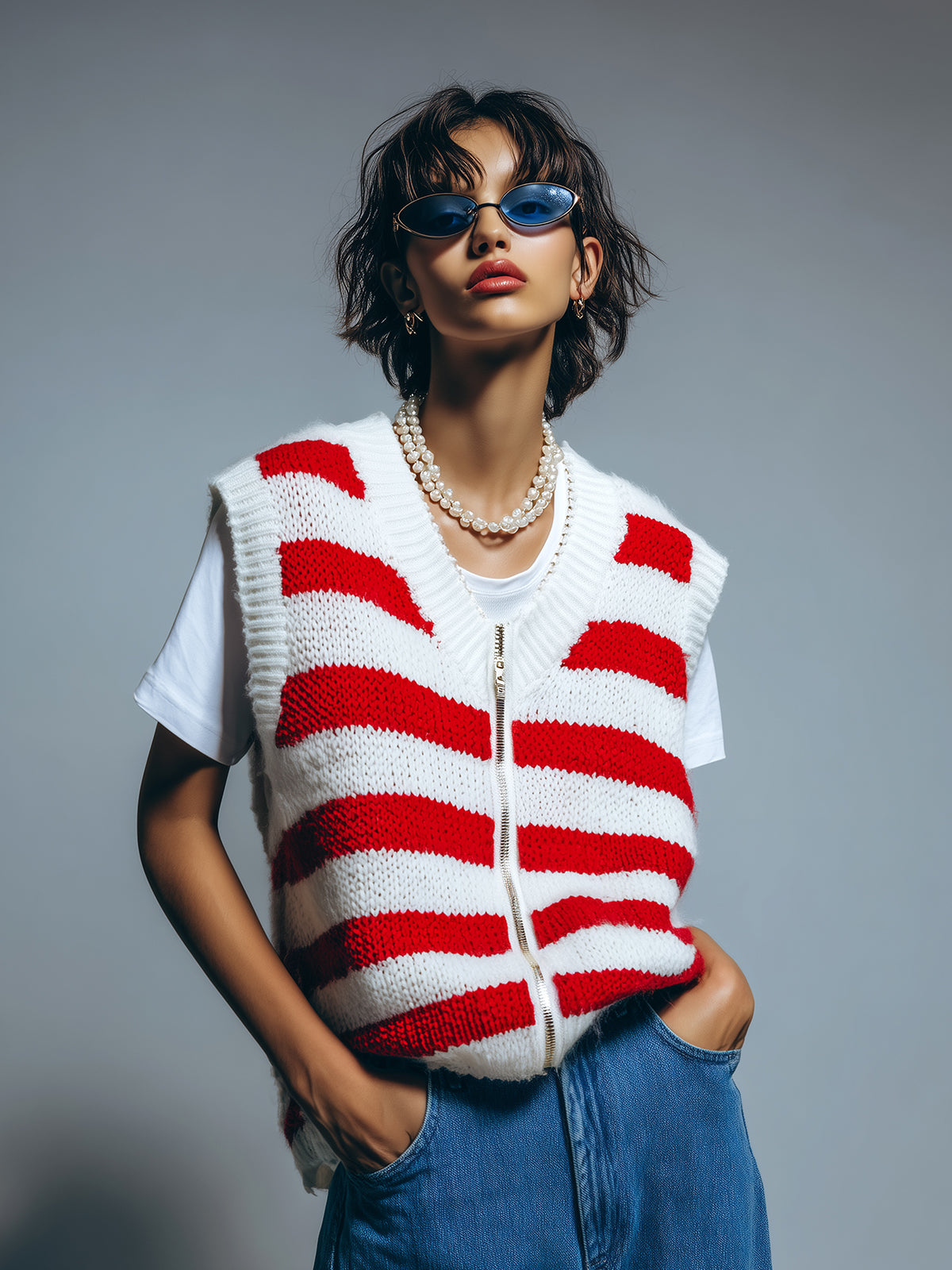 Chic Casual Red White Stripes V-Neck Zipper-Front Oversize Knit Vest
