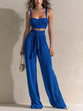 Chic Elegant Royal Blue Strappy Sleeveless Slim-Fit Camisole Tie-Waist Wide-Leg Pants Knit Two-Piece Set