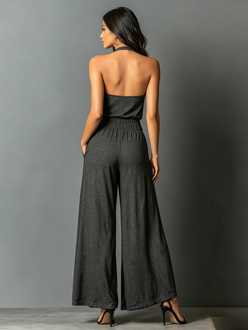 Chic Elegant Charcoal Black Halter Neck Sleeveless Smocked Tailored-Waist Wide-Leg Stretchy Cotton Jumpsuit