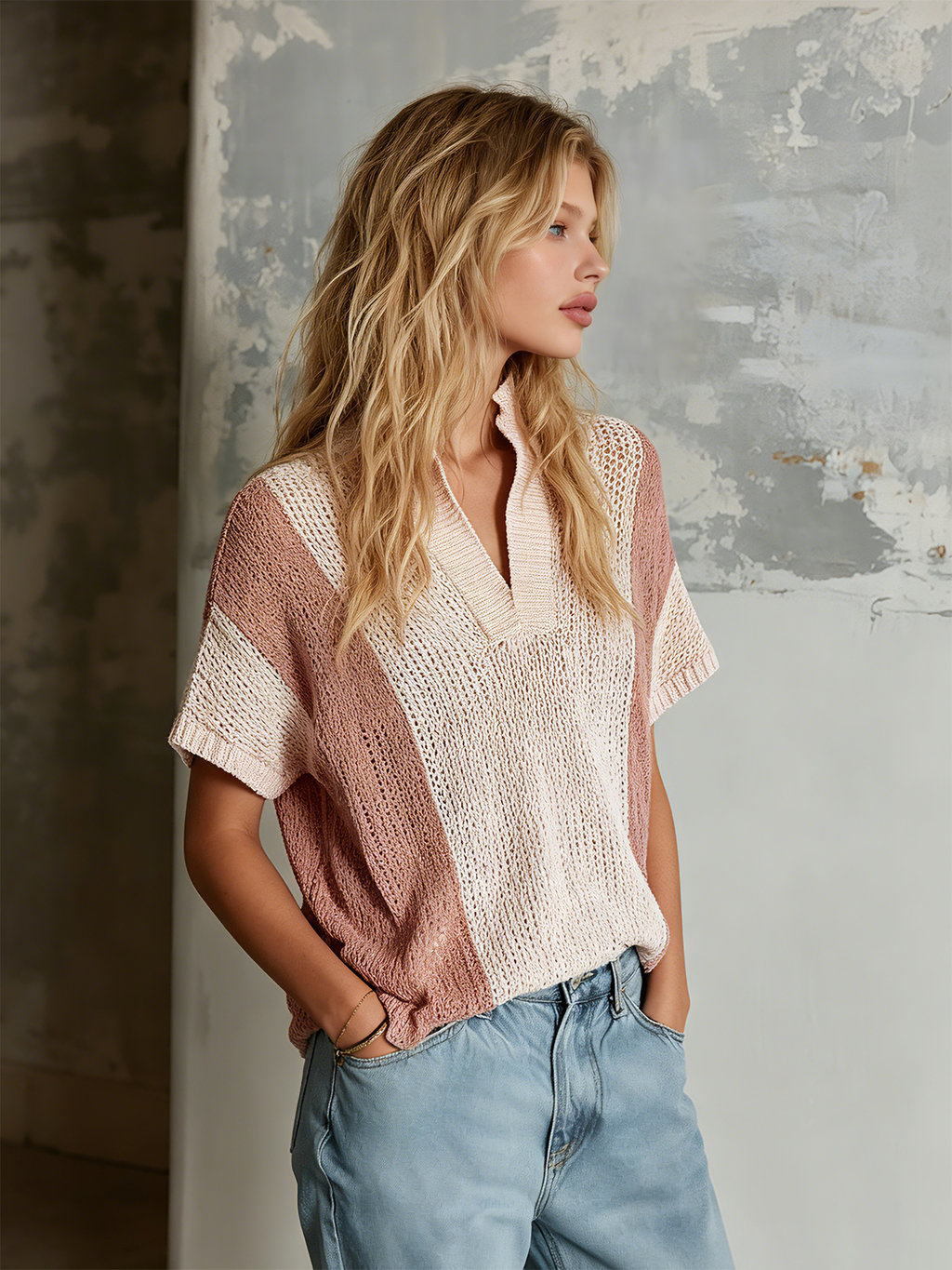 Chic Casual Pink Colorblock Stand-Collar V-Neck  Short-Sleeve Loose-Fit Knit Sweater Top
