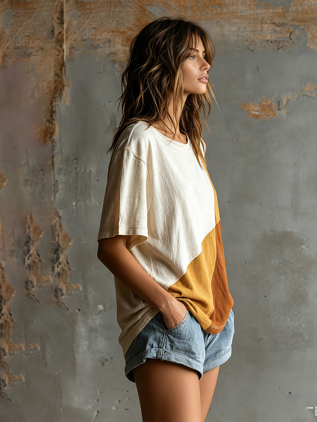 Chic Casual White-Camel Colorblock Round-Neck Cutout Shoulder Short-Sleeve Oversize Cotton Blend T-Shirt Top