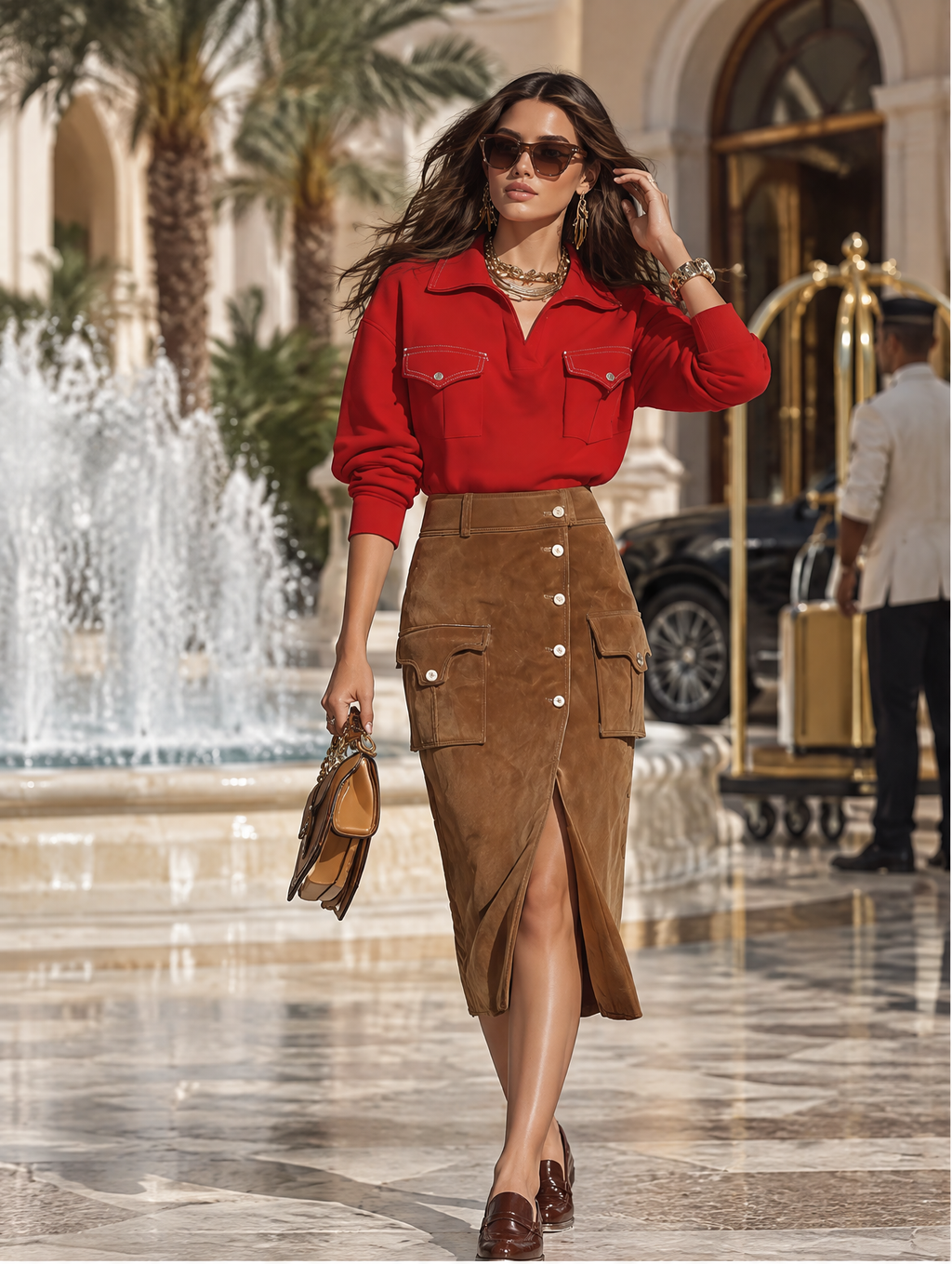 Resort-style Solid-color Collared Top And Button-slit Skirt Set