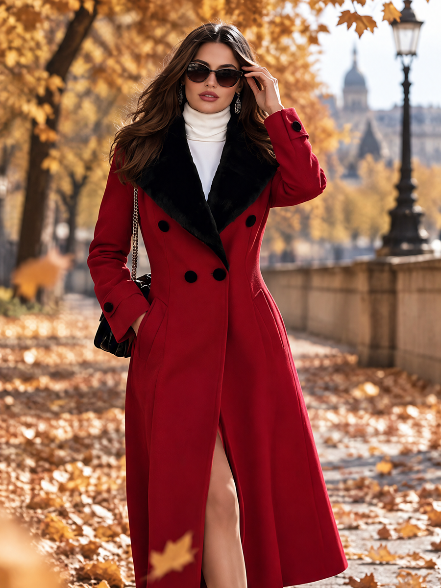 Resort-style Fur Collar Long-sleeved Mid-length Coat