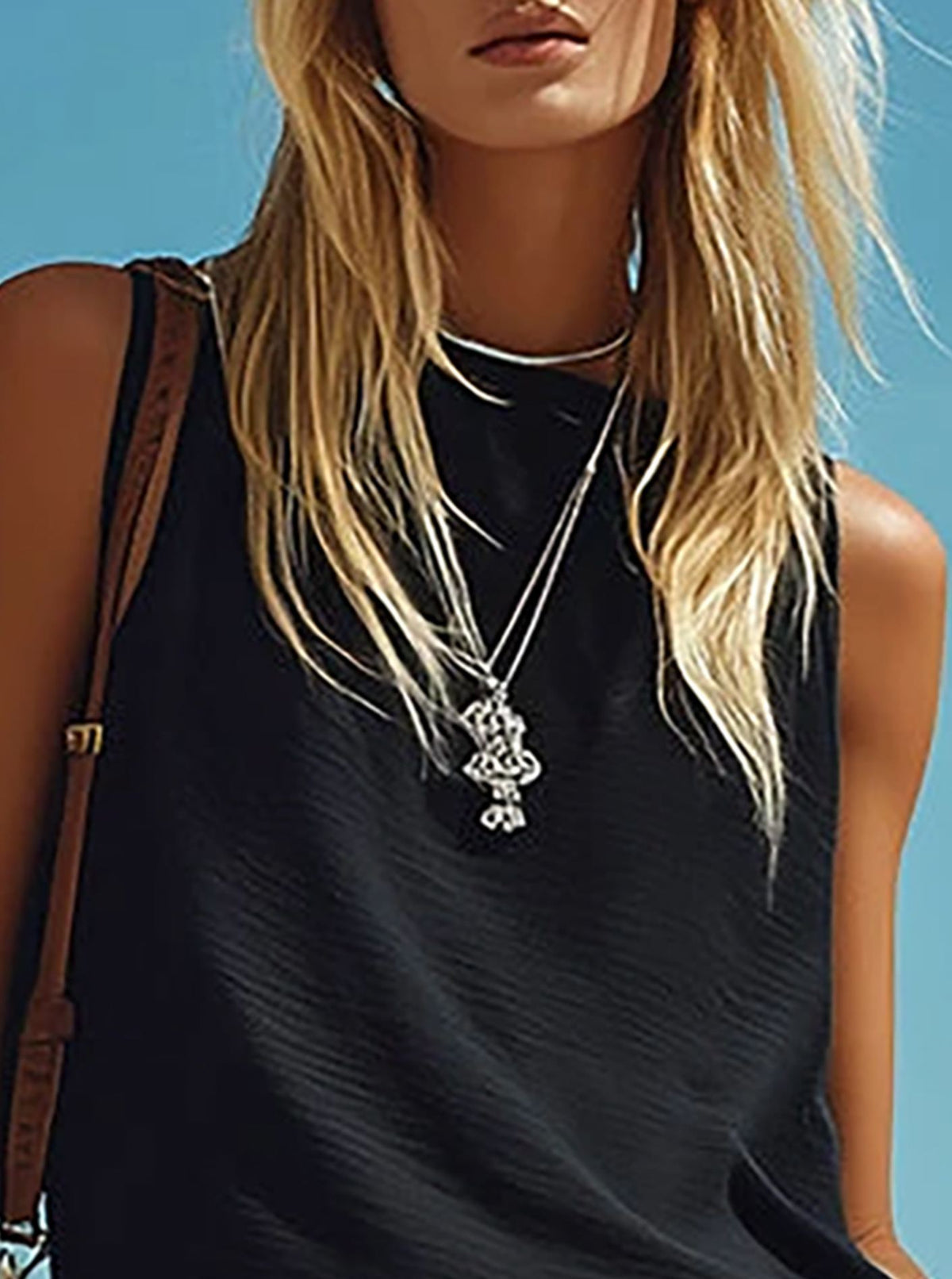 Casual vacation black cotton linen sleeveless vest