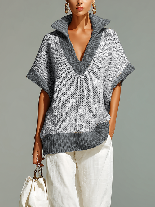 Fashion Casual Beige Stand-Collar Colorblock Loose Sleeveless Knit Vest