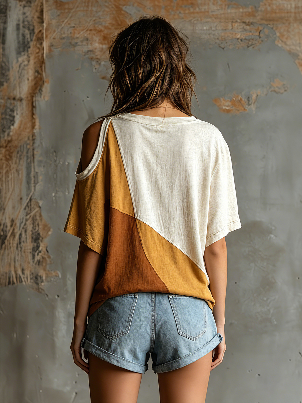 Chic Casual White-Camel Colorblock Round-Neck Cutout Shoulder Short-Sleeve Oversize Cotton Blend T-Shirt Top