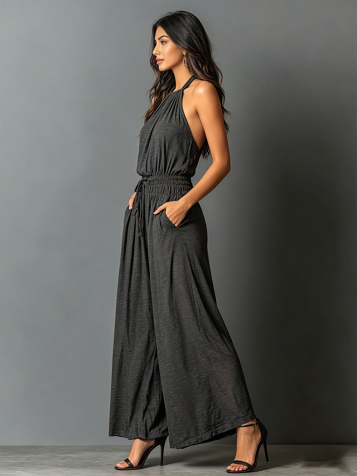 Chic Elegant Charcoal Black Halter Neck Sleeveless Smocked Tailored-Waist Wide-Leg Stretchy Cotton Jumpsuit